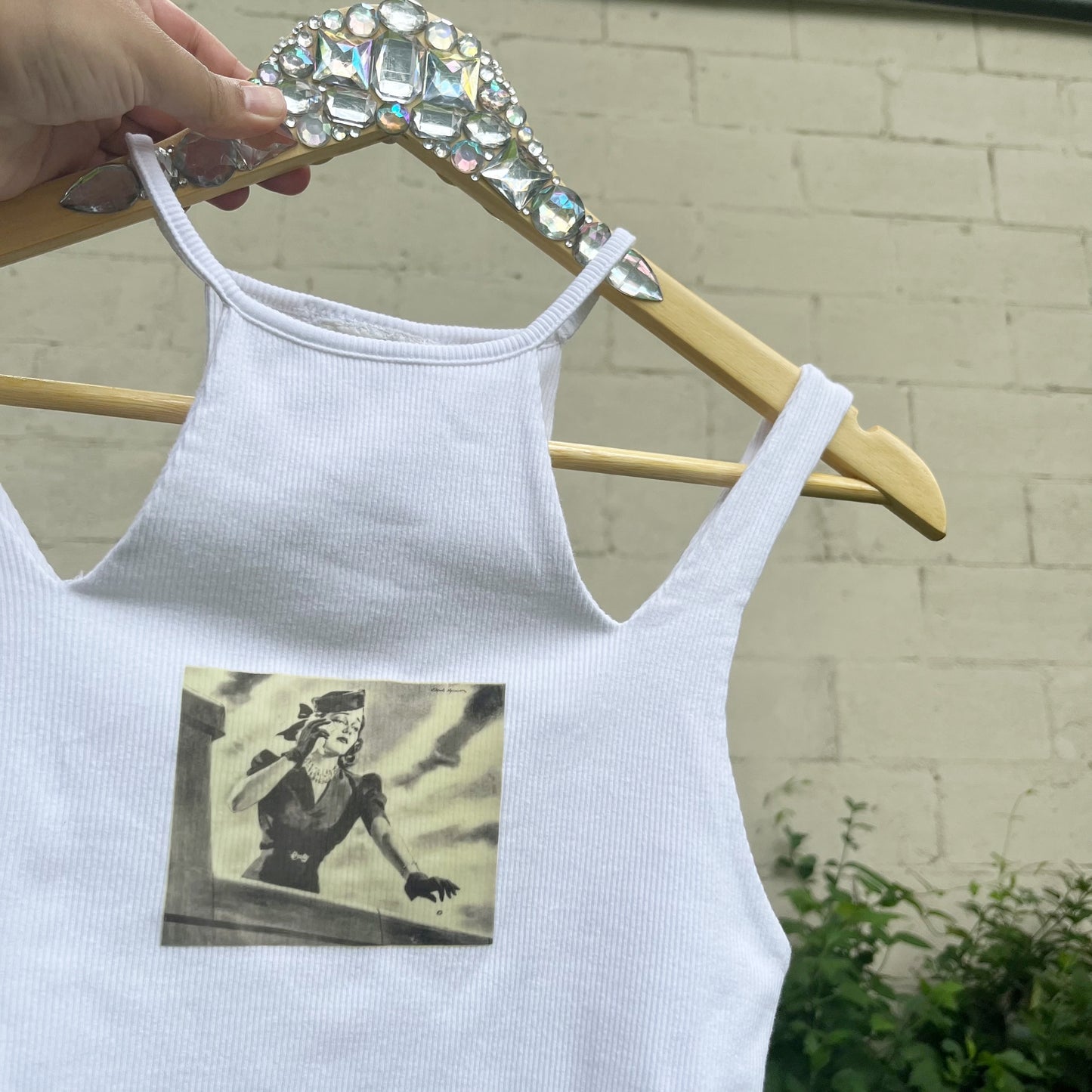Retro 1950's Pin-Up Print Upcycled White Tank Small