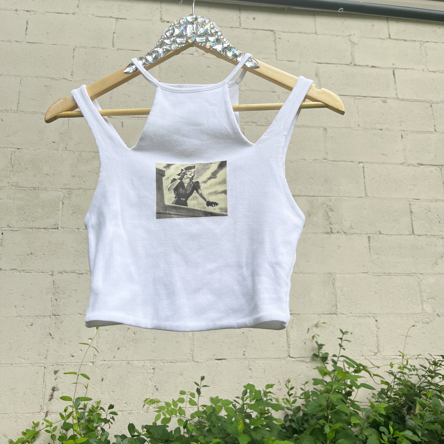 Retro 1950's Pin-Up Print Upcycled White Tank Small