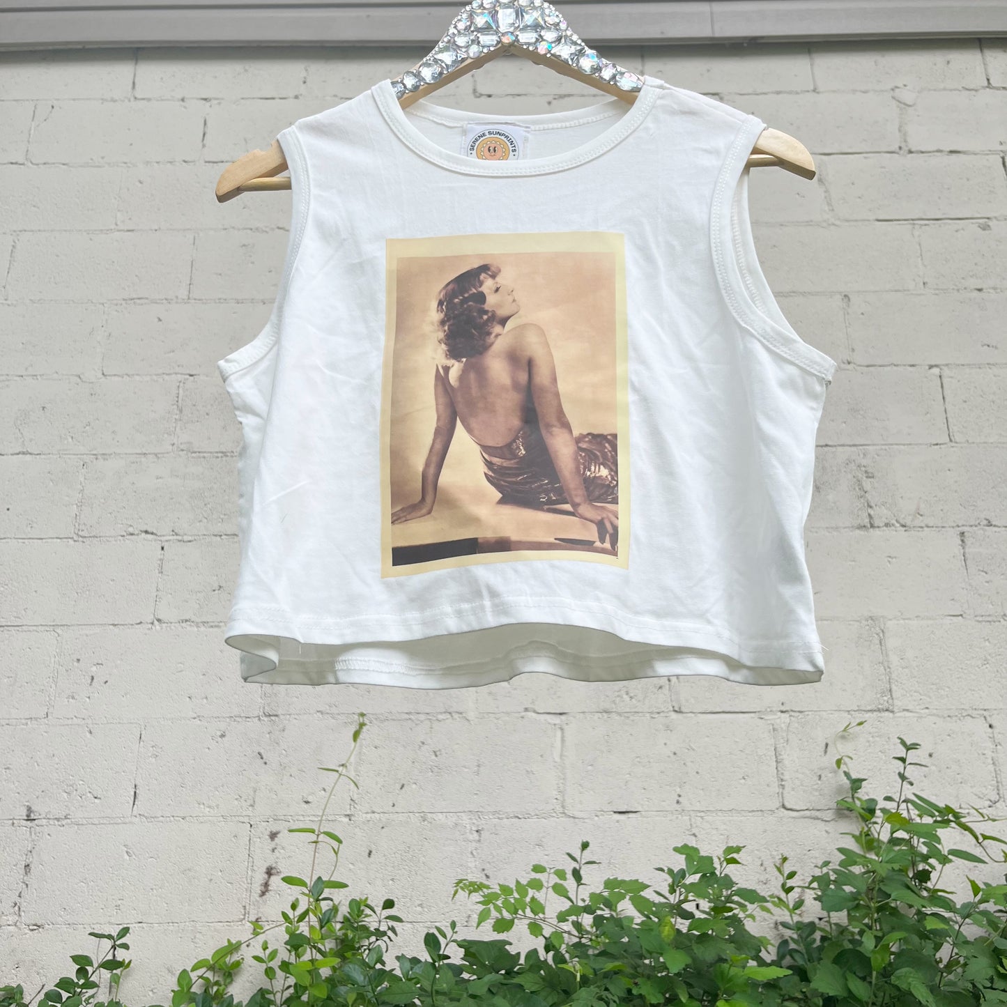 "Greta Garbo" 1920's Retro Print White Crop Tank Top Small