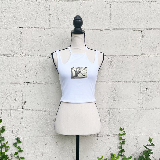 1 of 1 curated retro printed crop tank - wearable art designed exclusively for you. This is a 100% cotton sustainably sourced cut out tank that has been decorated with a retro 1950's print. Size small. 