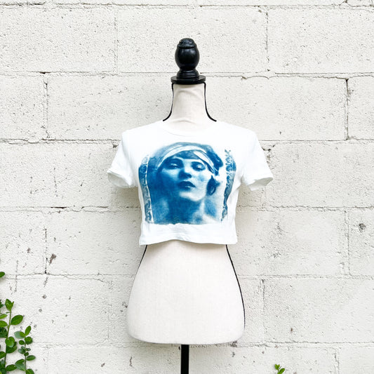 Cyanotype Sunprint Retro 1920's Flapper Blueprint Babydoll Crop Tee XS