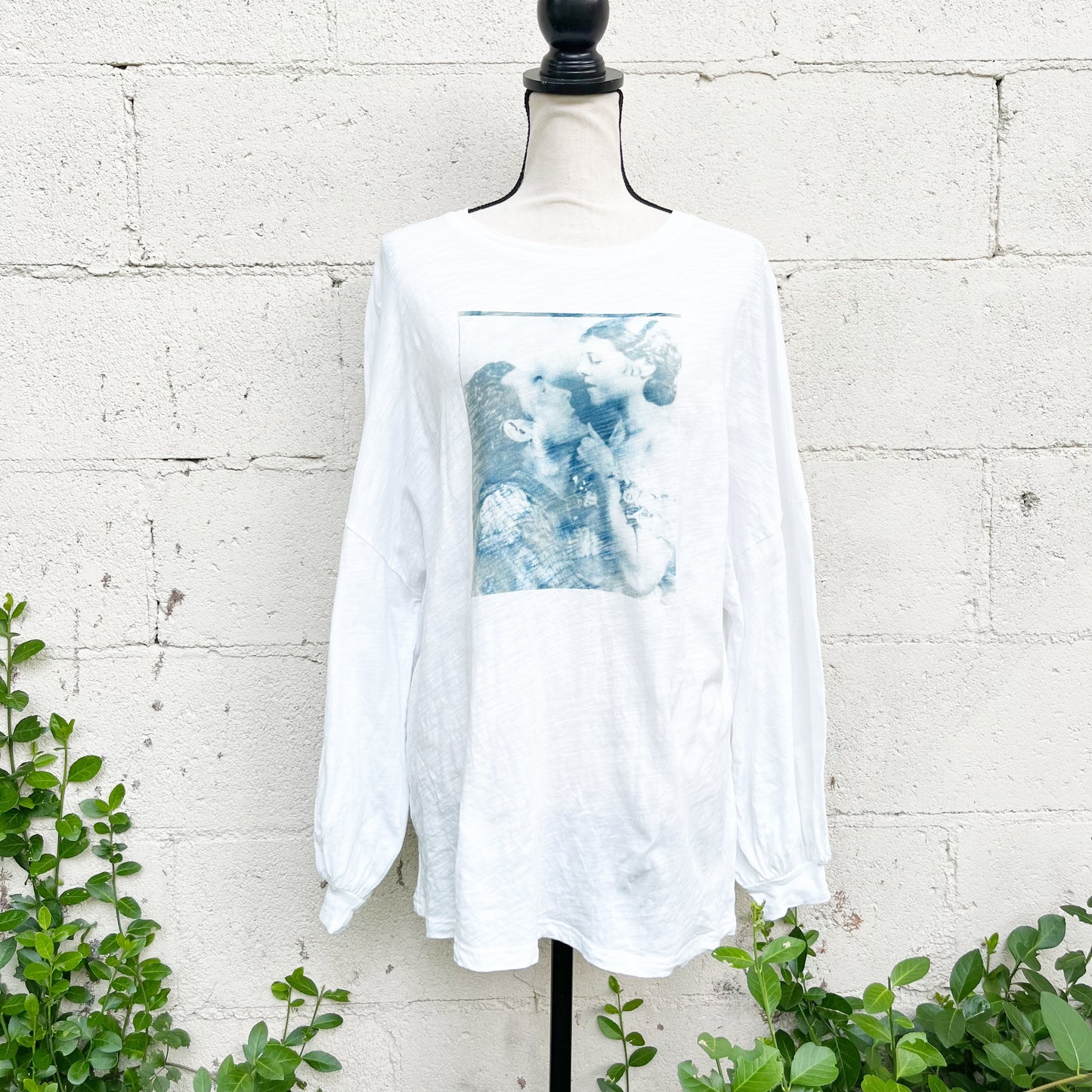 Cyanotype Sunprint Retro 1920's Flapper Kissing Blueprint Long Sleeve Tee XL