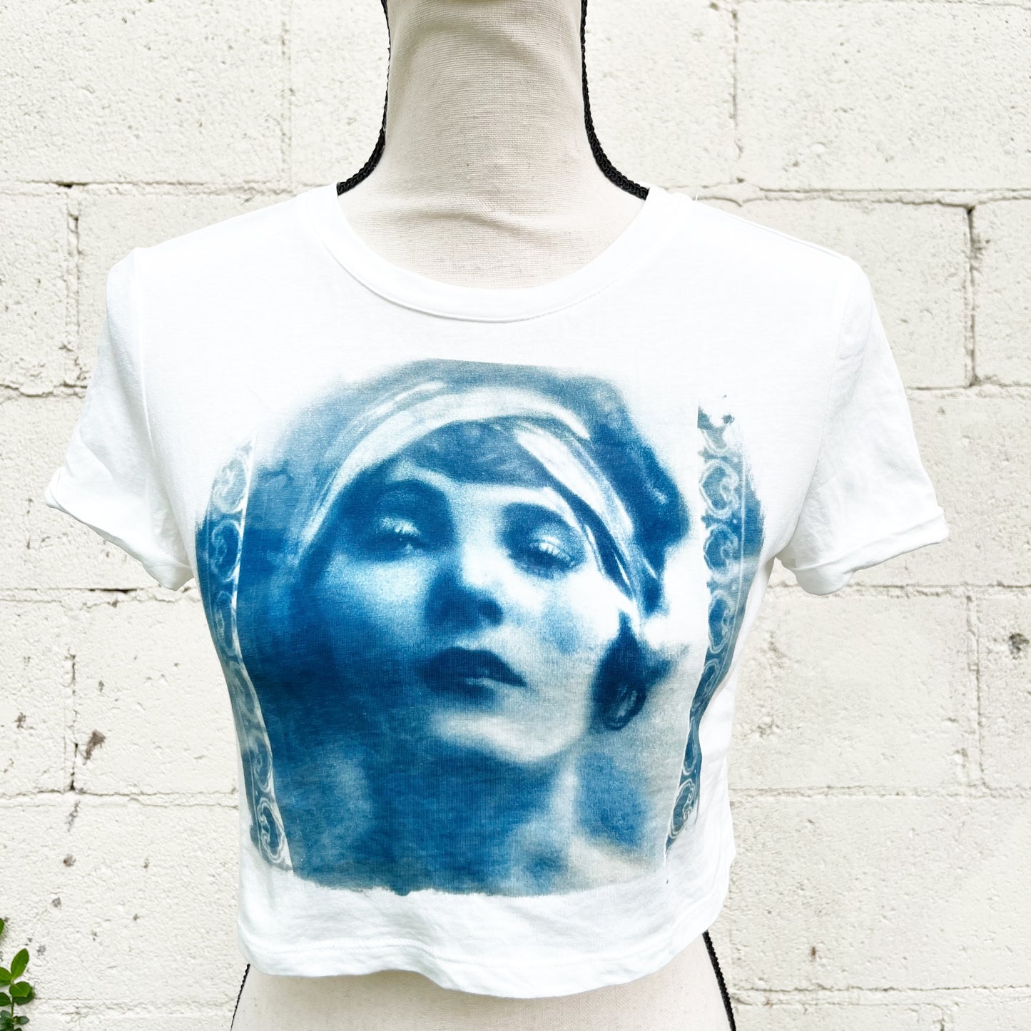 Cyanotype Sunprint Retro 1920's Flapper Blueprint Babydoll Crop Tee XS